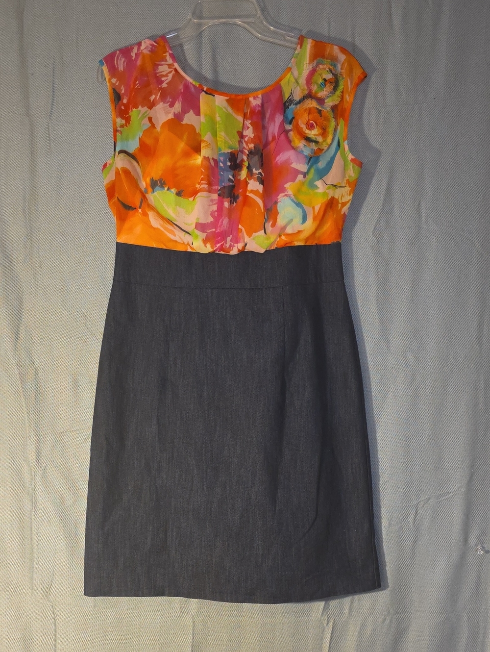 AGB Floral Orange Pink Multi-Bodice Midi Dress with Charcoal Skirt